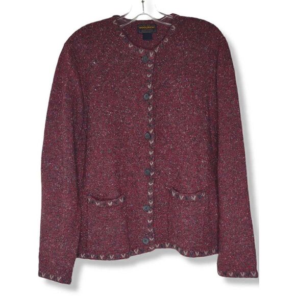 Woolrich Red Jacket Wool Tweed Knit Ruby and Gray LS Button Front Pockets Vintag - Picture 1 of 9